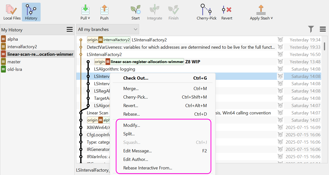 SmartGit's tools for splitting, squashing, and reordering Git commits to maintain clean repository history
