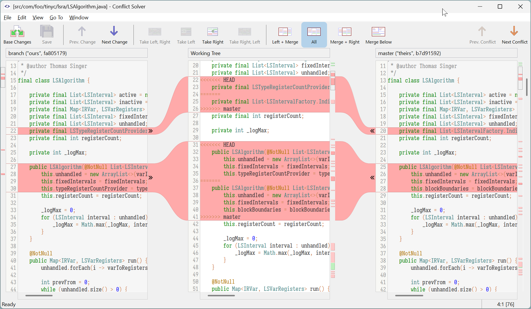 SmartGit's built-in 3-way merge Conflict Solver displaying local, base, and remote file versions for visual Git merge conflict resolution.