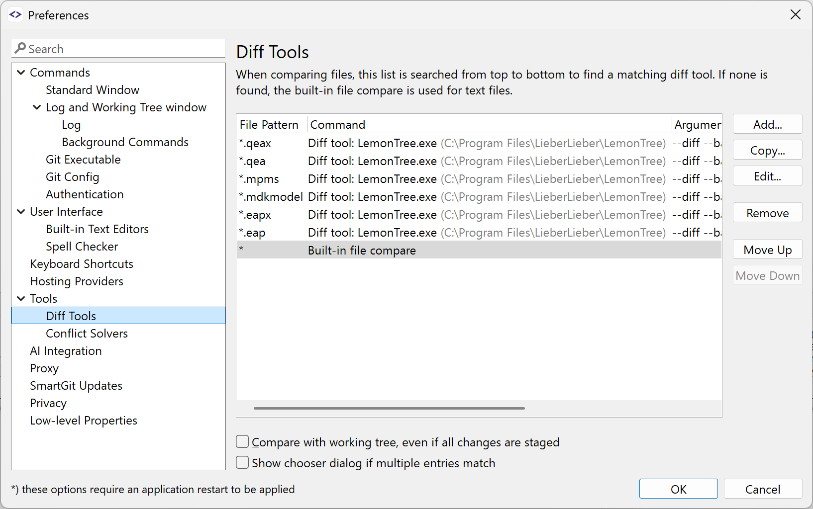SmartGit preferences panel for configuring external merge tools and conflict resolution settings integration.
