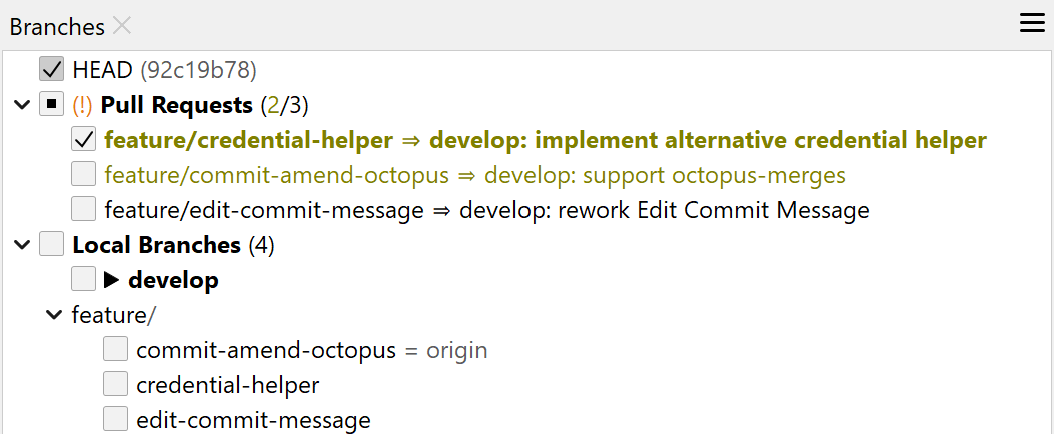 SmartGit's Branches view showing pull request workflow
