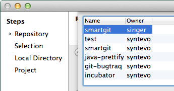 SmartGit's GitHub repository browser for cloning personal and organization repositories directly from the desktop interface.