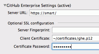 SmartGit's GitHub Enterprise configuration panel supporting multiple accounts and private GitHub instances.