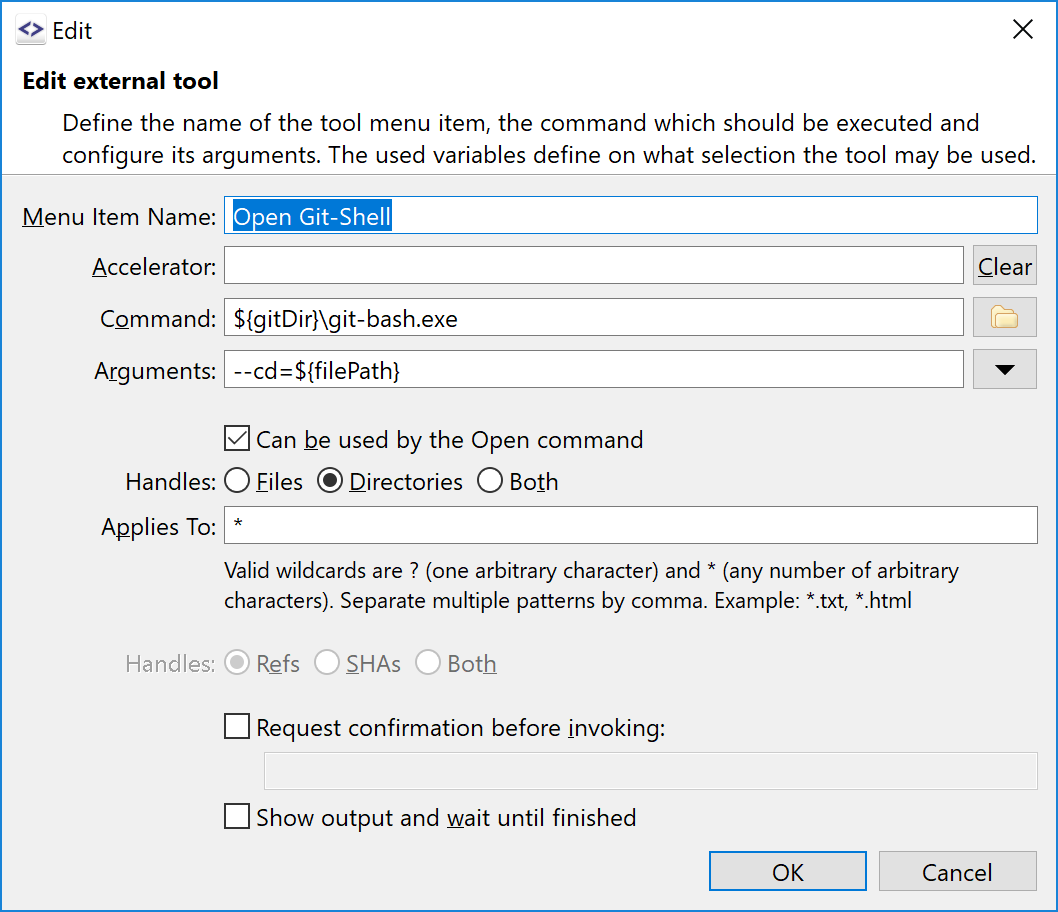 SmartGit's external tools configuration for custom commit operations in Branches view and Log Graph with variable support.