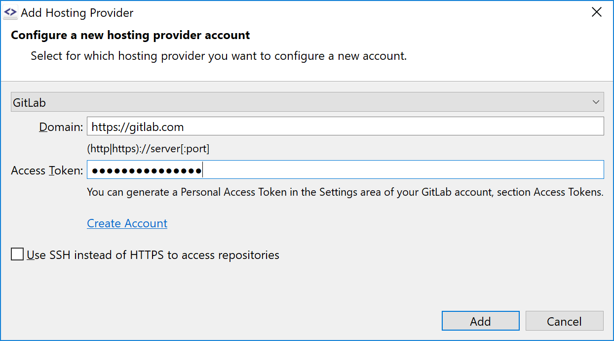 SmartGit's GitLab integration for cloning repositories from gitlab.com or private GitLab installations with account management.