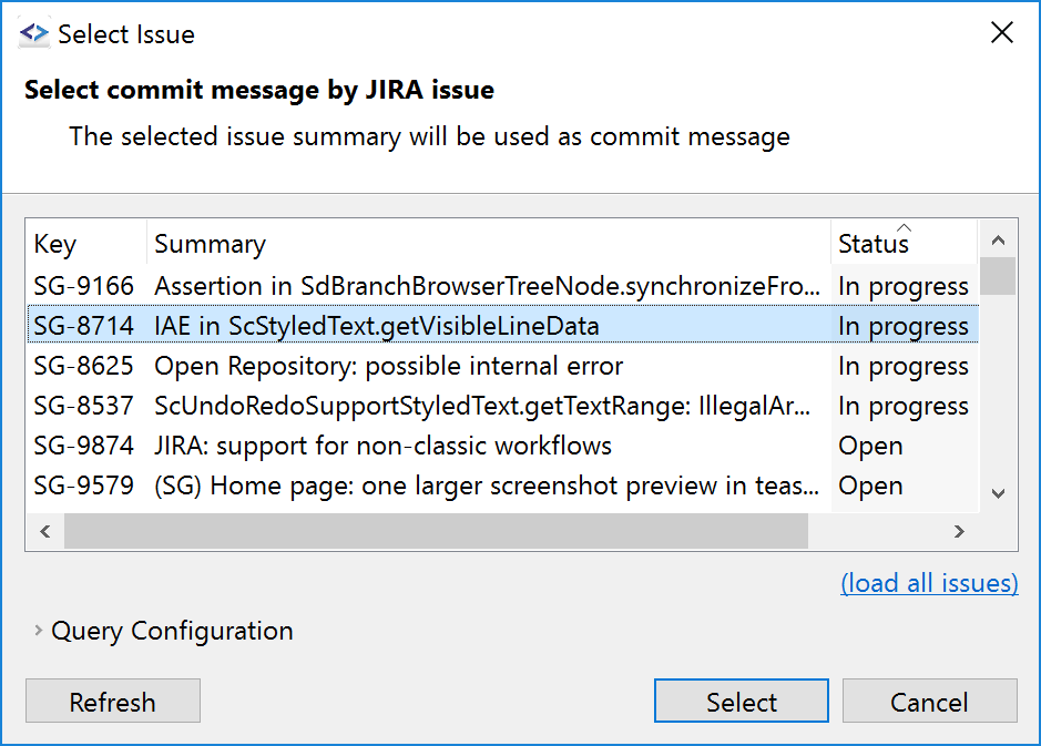 SmartGit's Atlassian JIRA integration allows selecting open issues as commit messages and automatic issue resolution.