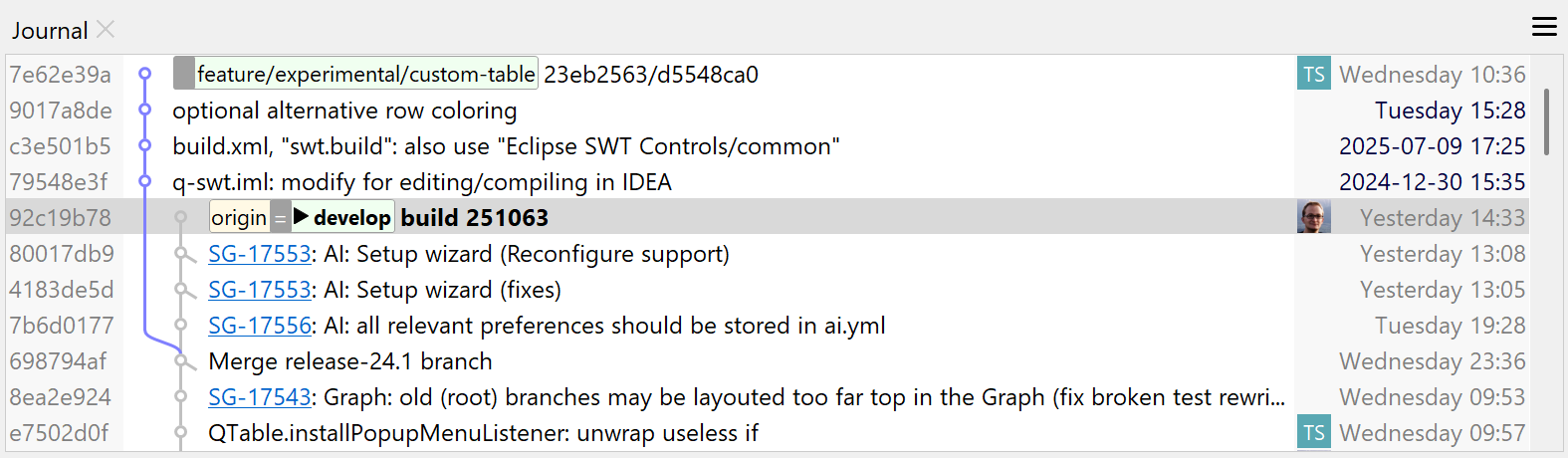SmartGit's Journal view displaying Git commit history for current and one other branch without distracting unrelated commits.
