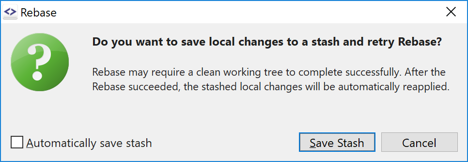 SmartGit's automatic stash functionality for resolving pull/checkout conflicts by temporarily storing local modifications.