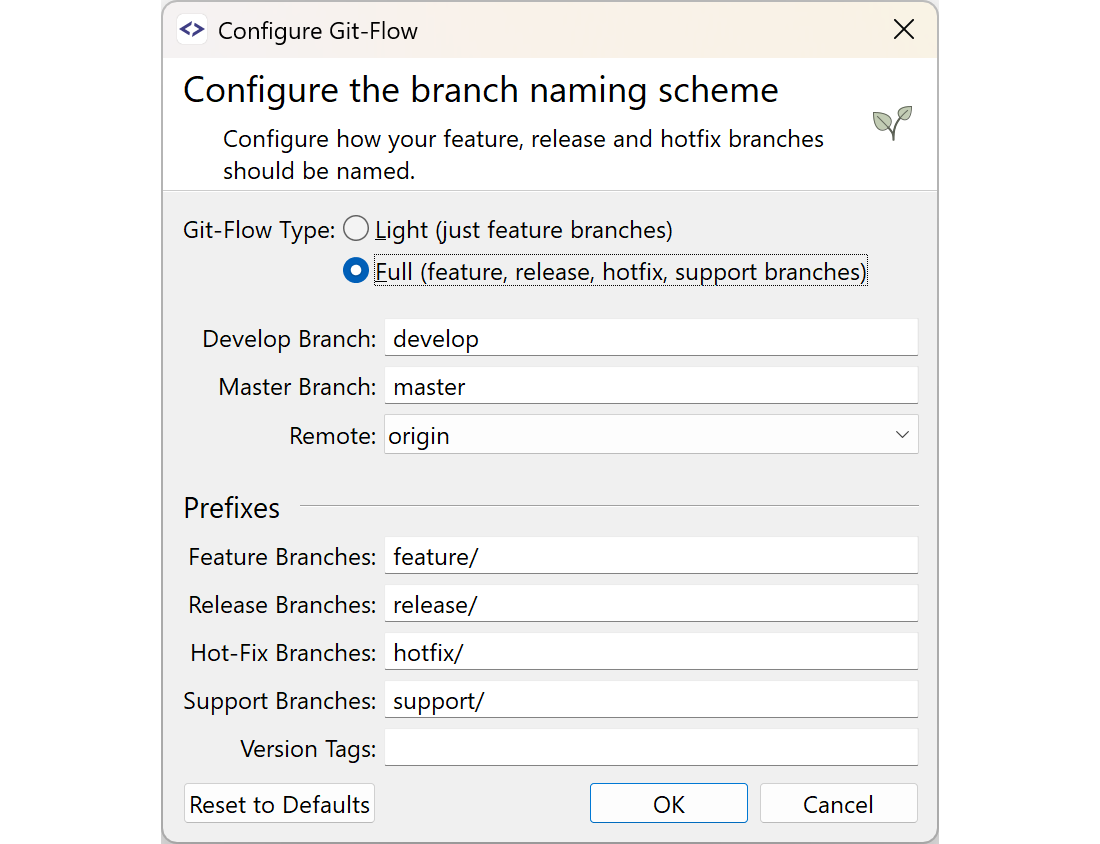 SmartGit Git-Flow Full configuration dialog showing branch naming setup for feature, release, hotfix and support branches
