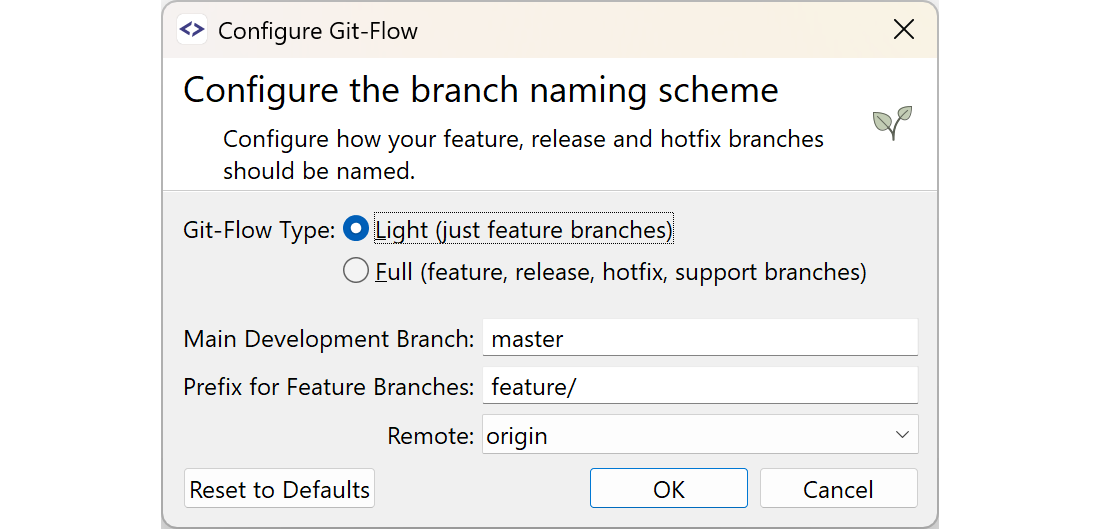 SmartGit Git-Flow Light configuration dialog with simplified branch setup for feature branches only and main development branch