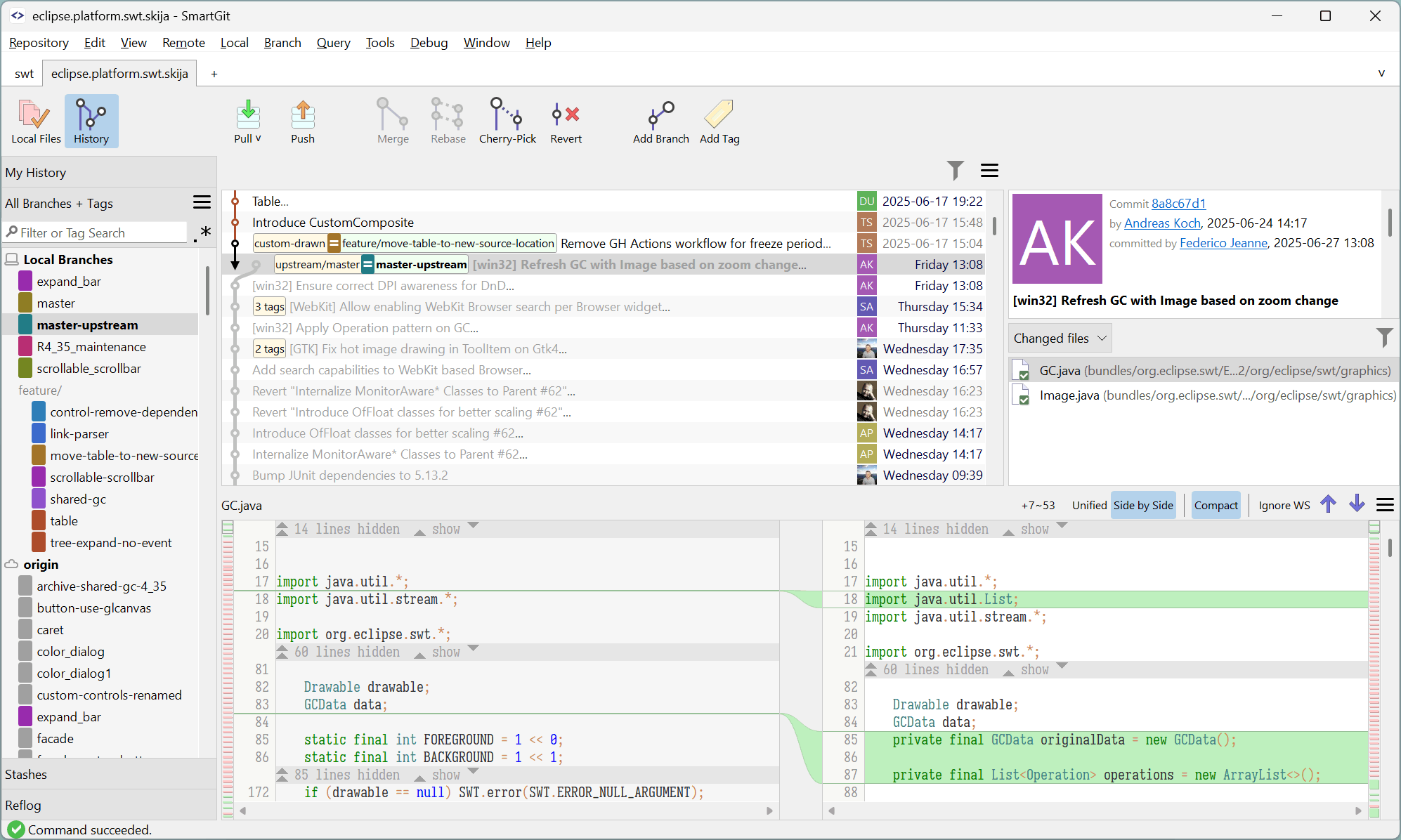 SmartGit 'All Branches and Tags' View displaying complete Git history with branch structure, tags, and integrated search functionality for fast Navigation.