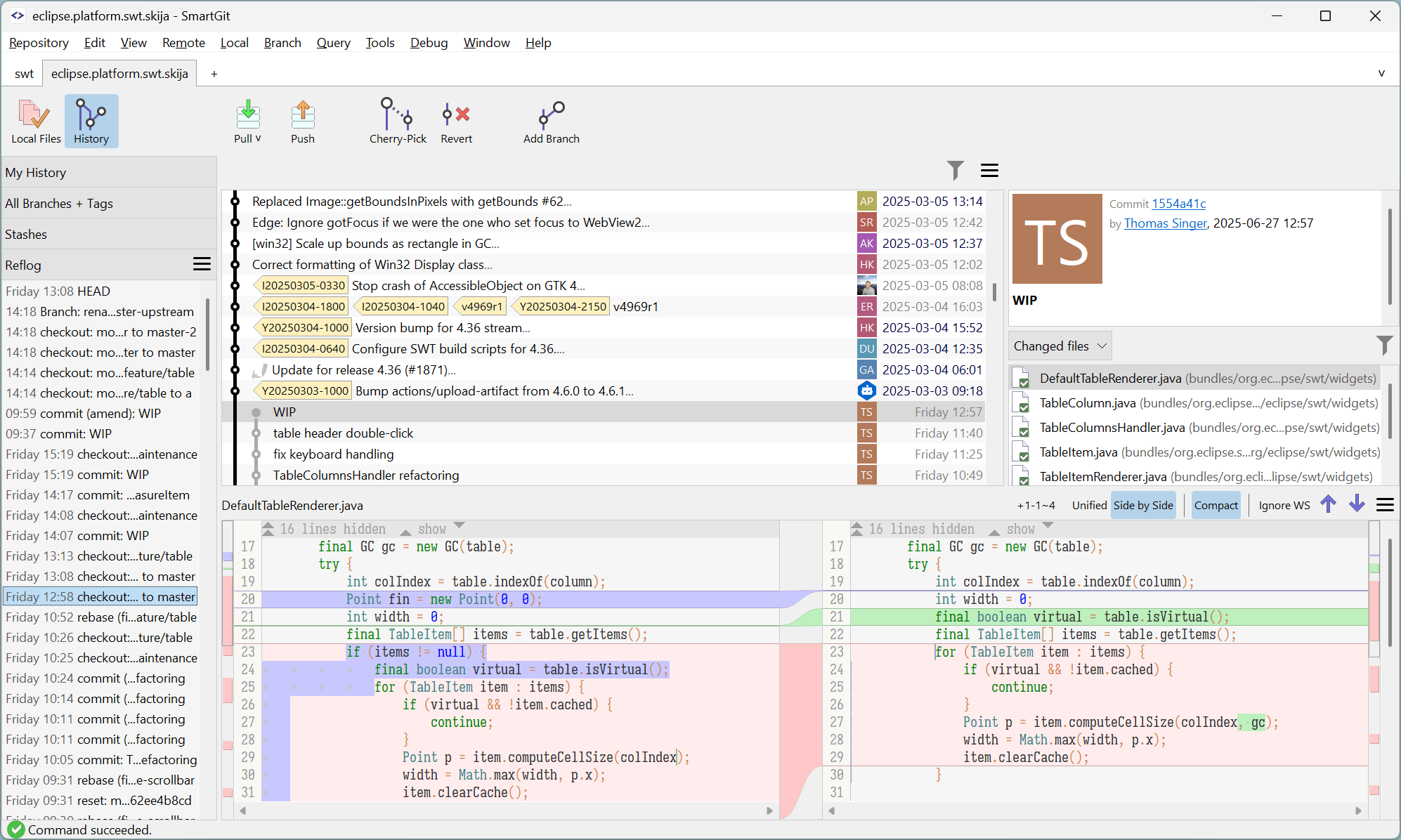 SmartGit's Reflog View showing chronological Git HEAD history for recovering lost commits and tracking reference changes.