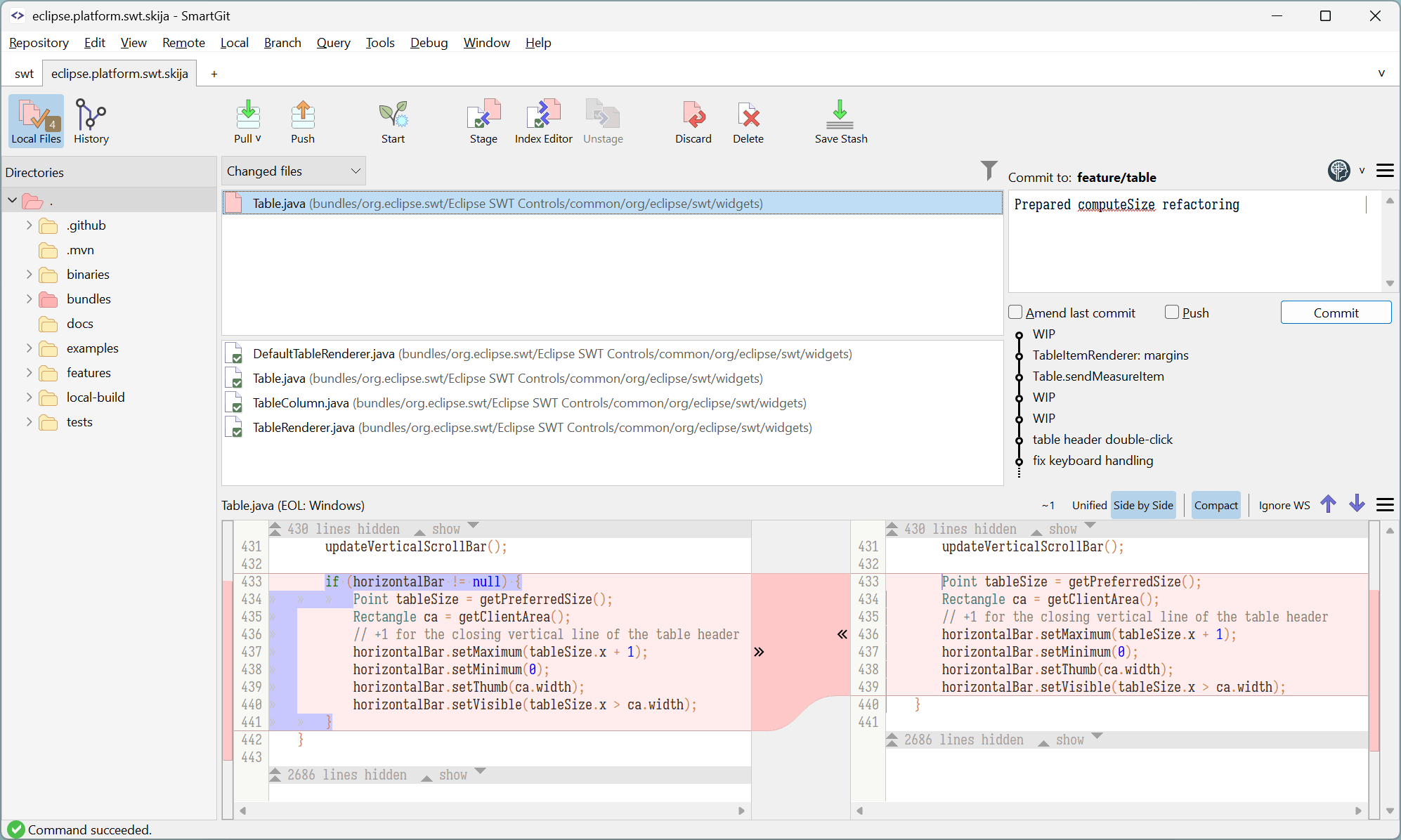 SmartGit Standard Window showing Local Files view with modified and staged files, changes, and a prepared commit message.