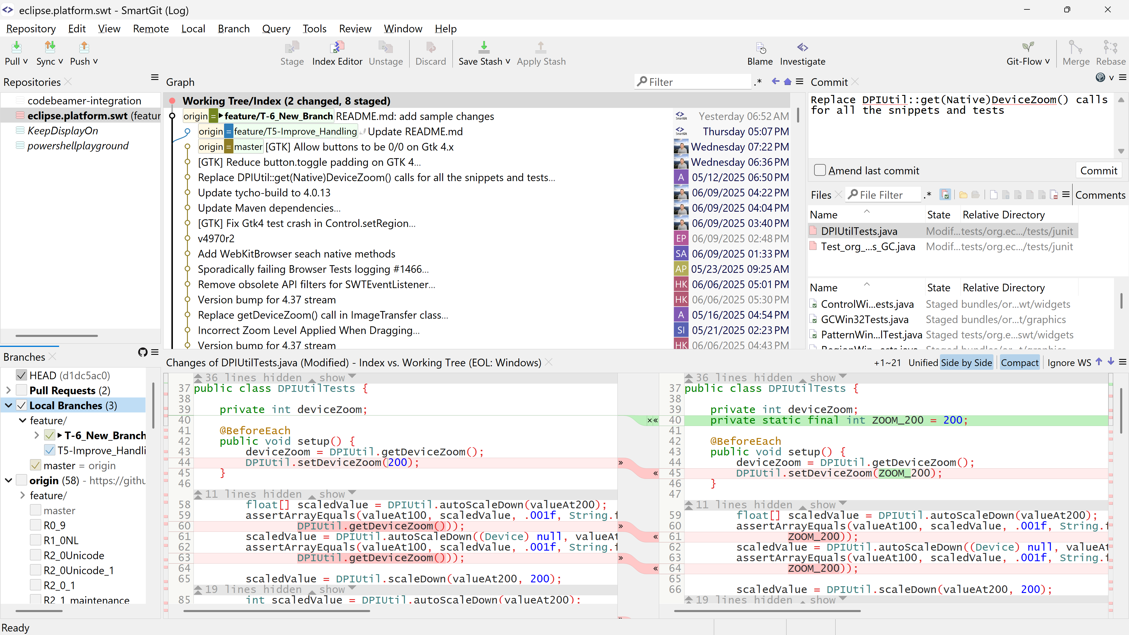SmartGit's Log Window displaying comprehensive Git commit history with branch visualization and pull request integration.