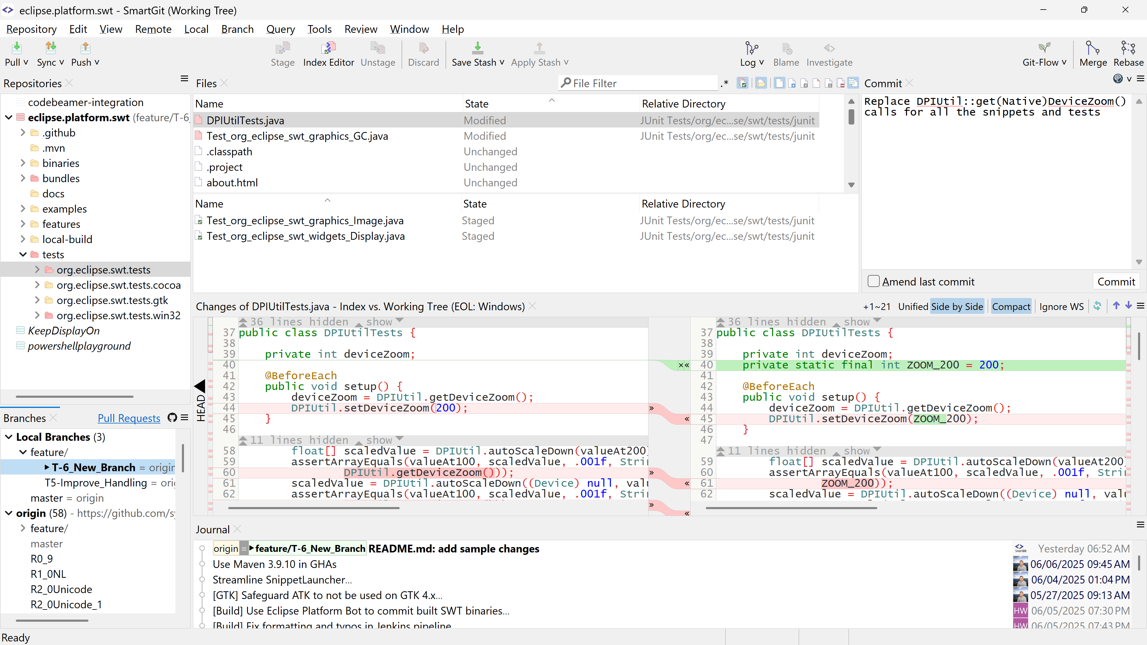 SmartGit's Working Tree Window with file-centric interface, directory navigation, and unified submodule management for Git workflows.