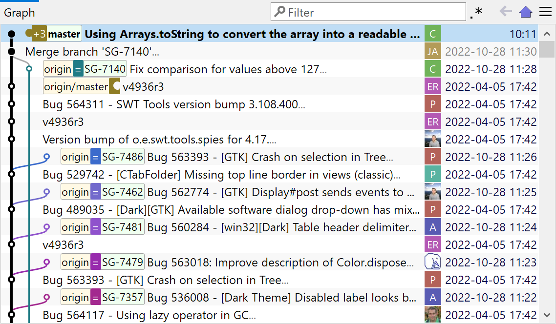 SmartGit's graphical Git history view with color-coded branches and commit visualization for precise repository navigation.