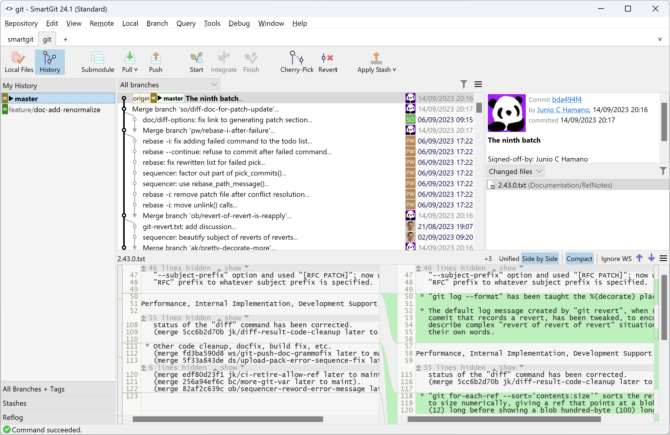 SmartGit's intelligent filtering system showing author-based and file-path filters for focused Git history analysis.