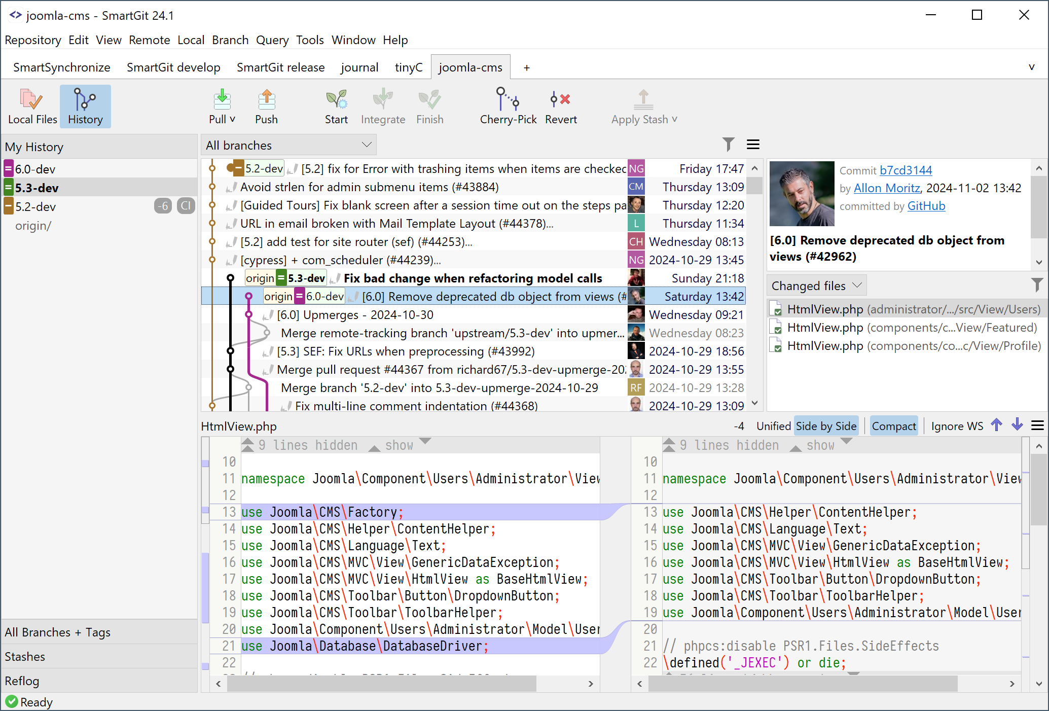 Screenshot of SmartGit GUI showing commit history, working tree, and staging area on a cross-platform Git client.