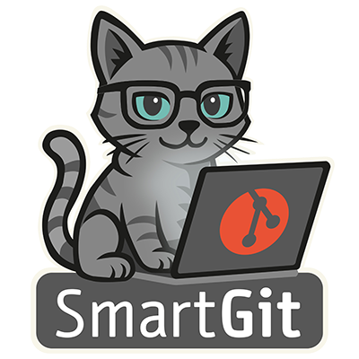 Illustration of Smart Gitty, the SmartGit mascot -- a grey cartoon cat with glasses, sitting behind a laptop