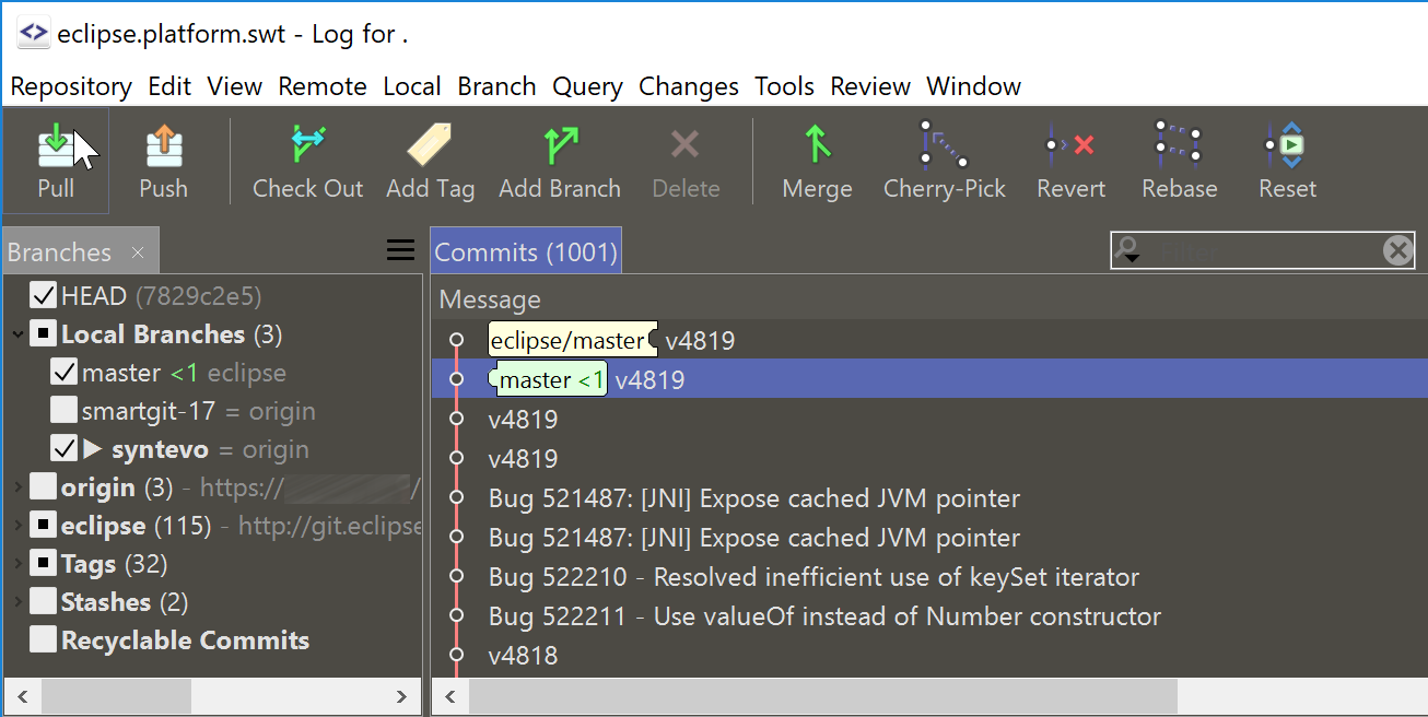 SmartGit 17.1 dark theme with operating system independent colors and comprehensive UI coverage
