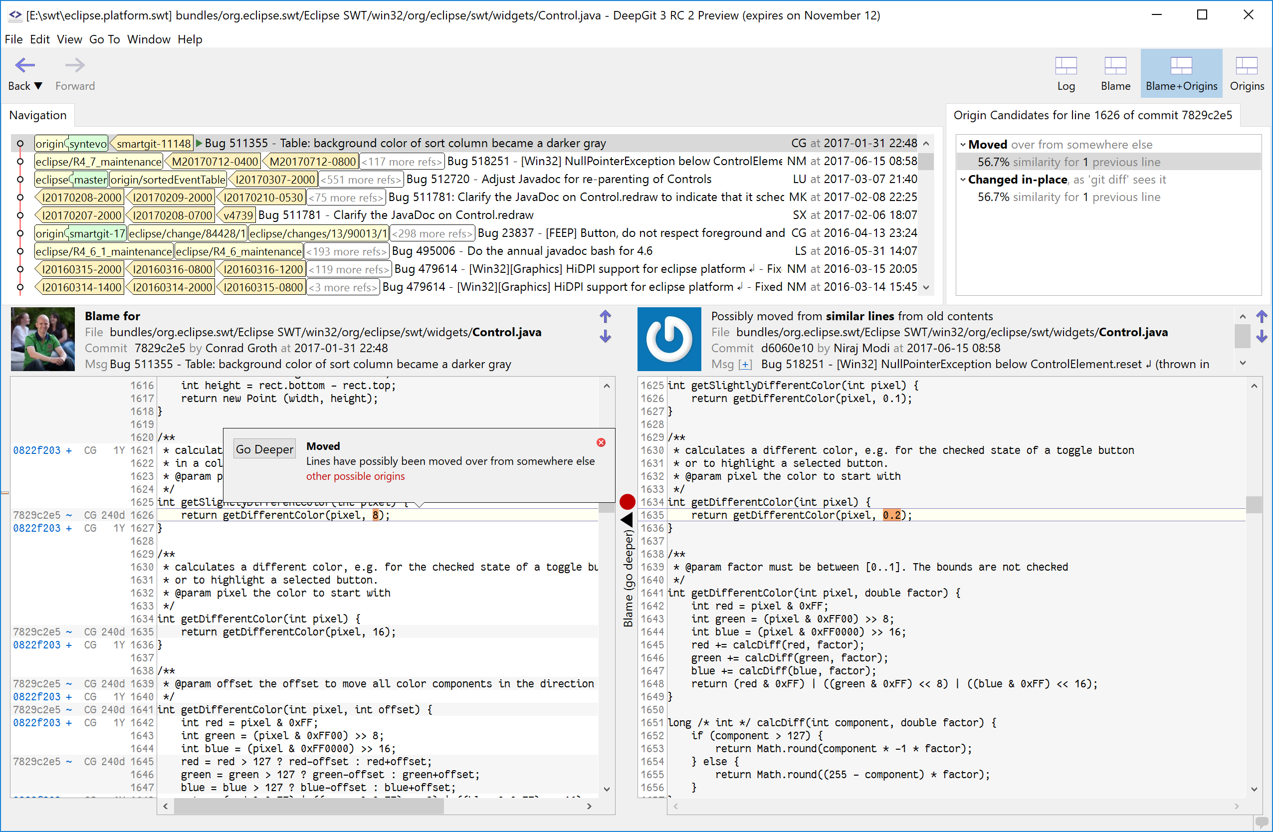 SmartGit 17.1 integrated DeepGit for advanced code history investigation and blame analysis
