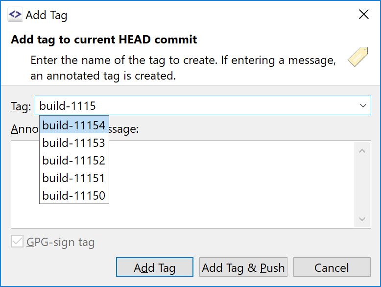 SmartGit 17.1 simplified tagging with Ctrl+Space completion popup for existing tag names