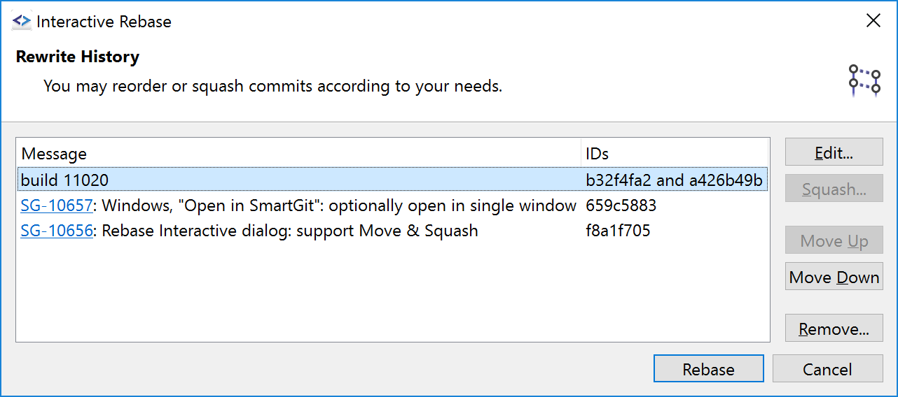 SmartGit 17.1 batch interactive rebase with conflict resolution and Modify/Split Commit command
