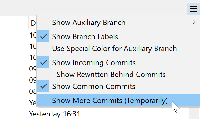 SmartGit 17.1 journal with multiple commit display options for expanded history viewing