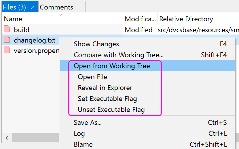 SmartGit 17.1 log window external tools integration for working tree file operations
