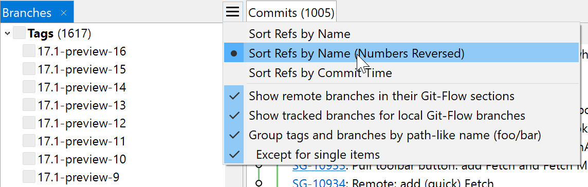 SmartGit 17.1 intelligent ref sorting with numerical awareness for version-based branch naming