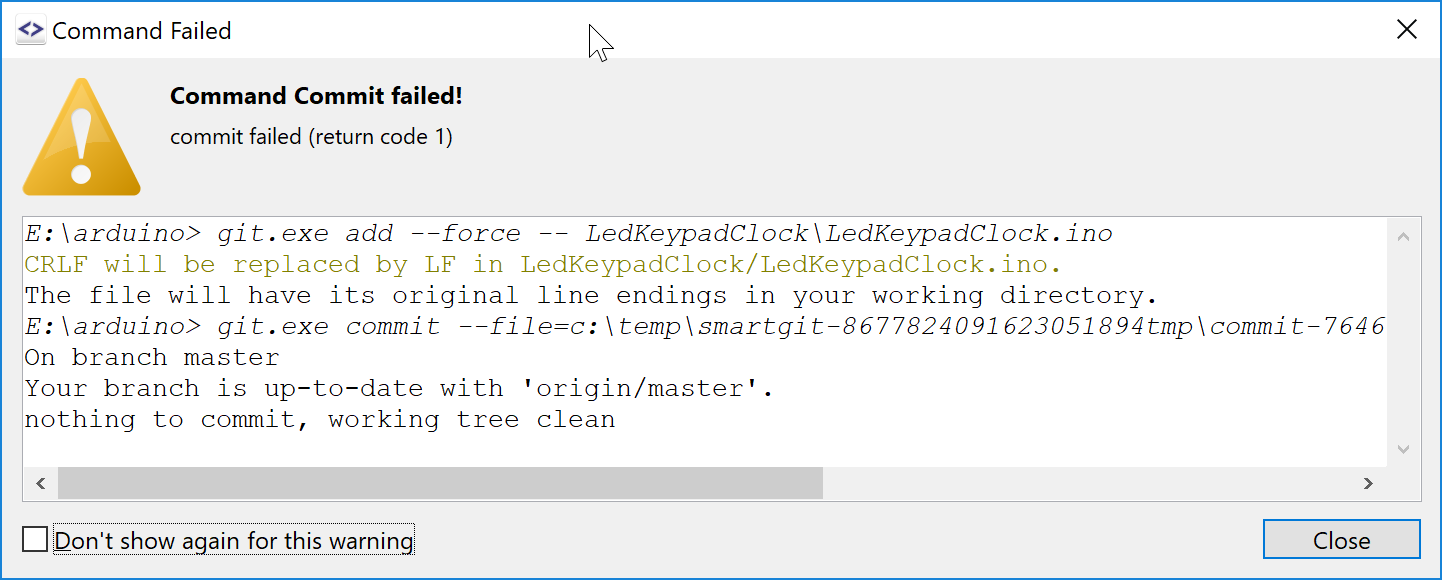 SmartGit 17.1 space-saving output popup with command success/failure notifications