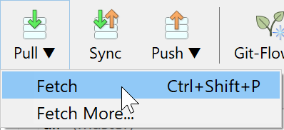 SmartGit 17.1 toolbar popup menus with quick command access including confirmation-free fetch