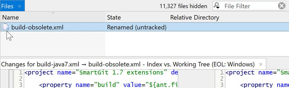 SmartGit 17.1 working tree rename detection showing file relationships in changes view