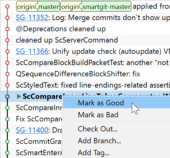 SmartGit 18.1 built-in bisect functionality for efficient bug-introducing commit identification