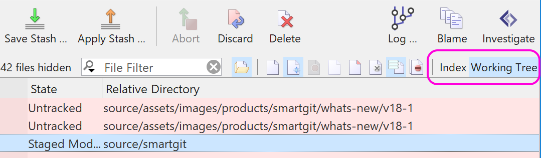 SmartGit 18.1 dedicated Index and Working Tree file views with quick switching options