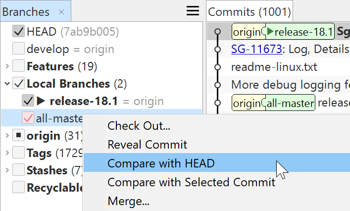 SmartGit 18.1 simplified branch comparison access with user-friendly interface improvements