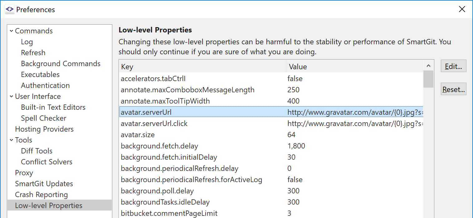 SmartGit 18.1 low-level properties editing in preferences for advanced customization