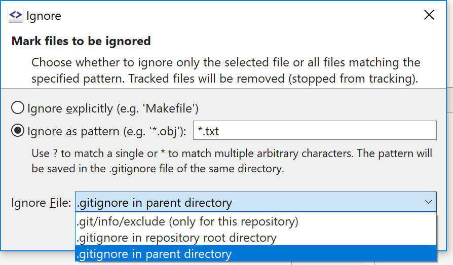 SmartGit 18.1 ignore command with selectable target gitignore file options