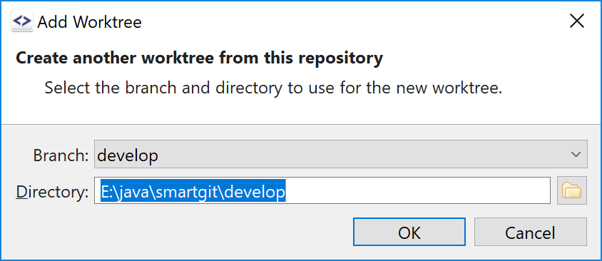 SmartGit 18.1 worktree management with create and prune commands for existing branches