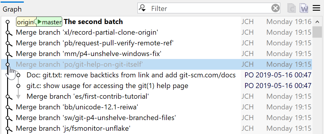SmartGit 19.1 flat log visualization with first-parent history and expandable merge commit stubs