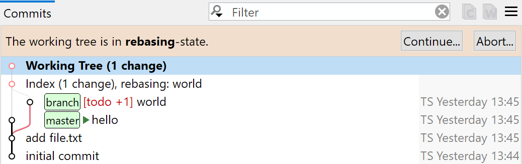 SmartGit 19.1 commits view with repository state banners and rebase progress indicators