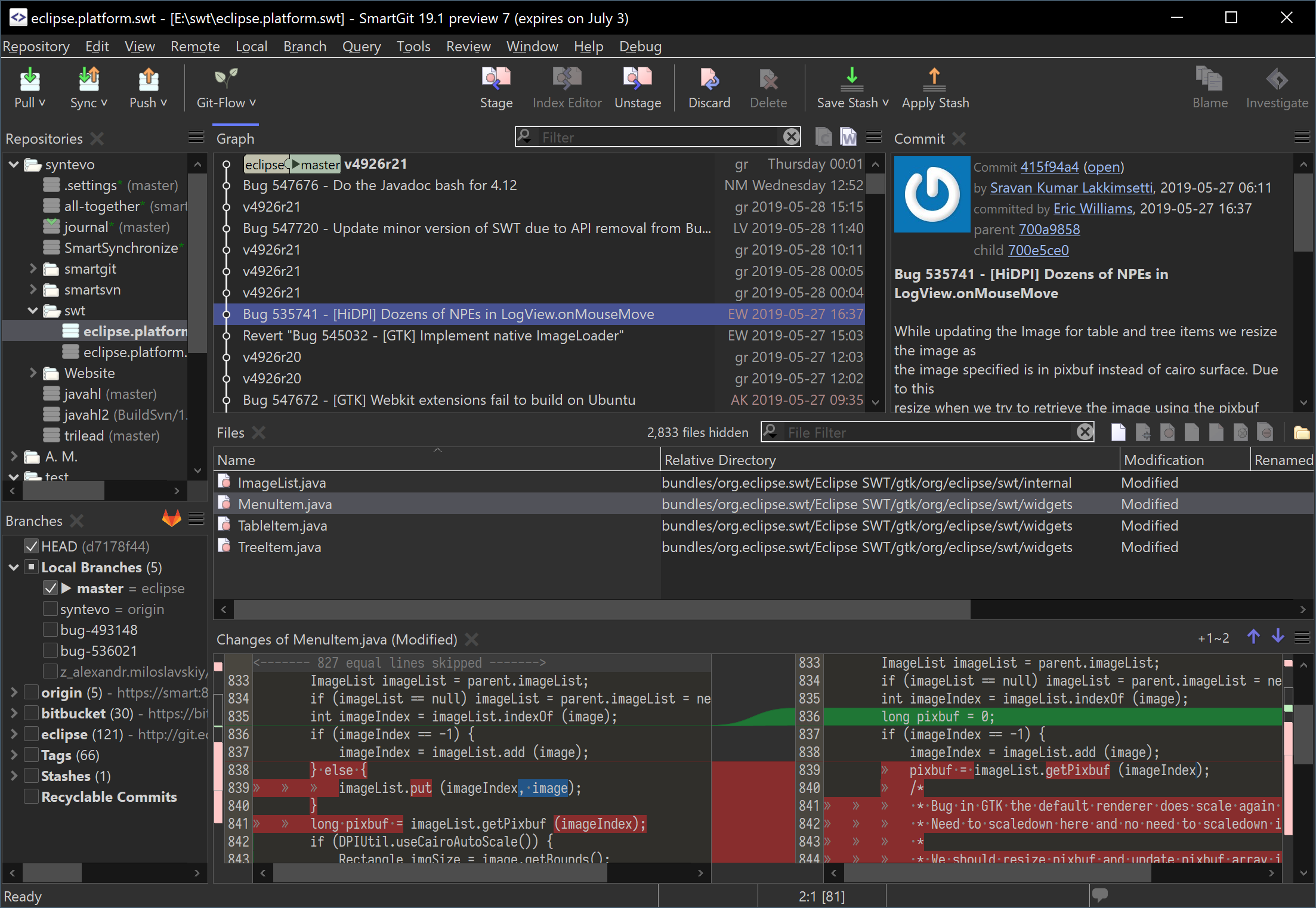 SmartGit 19.1 dark theme with system integration and platform-specific enhancements