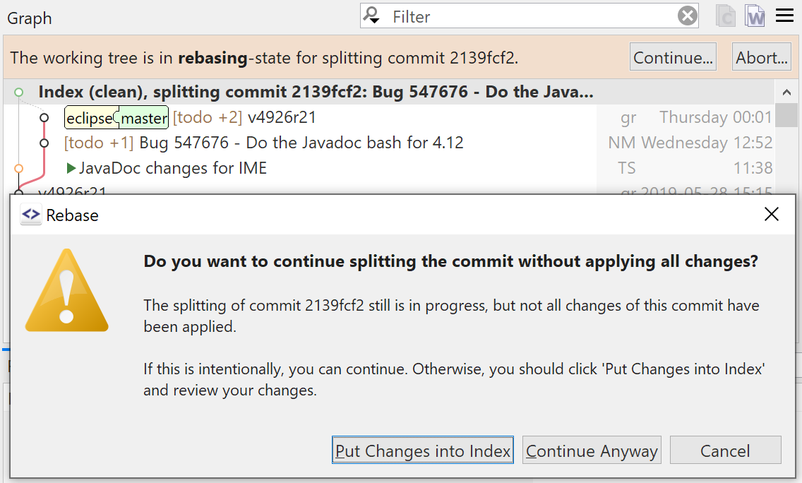 SmartGit 19.1 simplified commit splitting workflow with Continue command and difference warnings