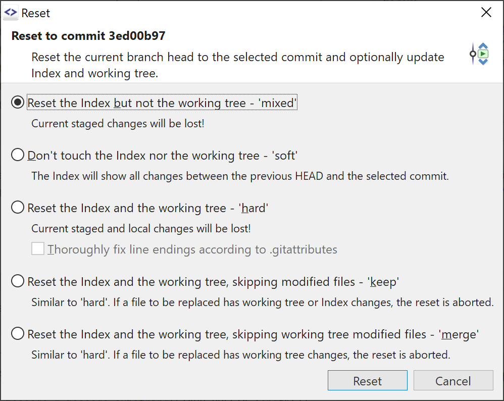 SmartGit 19.1 advanced reset command options with descriptive controls and separate Hard reset