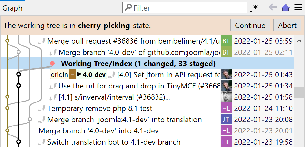 SmartGit 22.1 multi-commit cherry-pick and revert with conflict resolution continuation