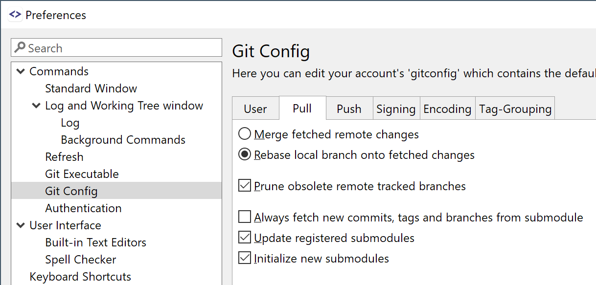 SmartGit 22.1 Git user configuration directly editable in preferences interface