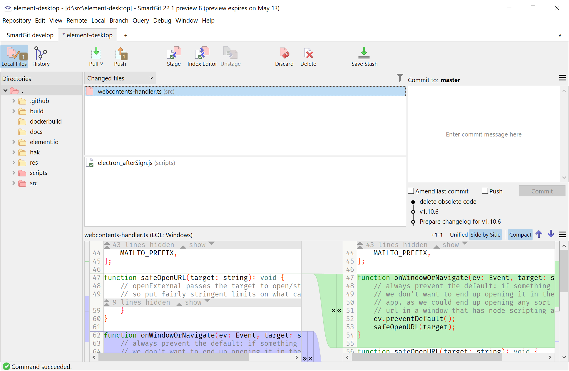SmartGit 22.1 Standard Window local changes view with simplified workflow interface