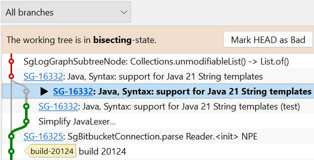 SmartGit 23.1 bisect visualization showing good/bad commits across merged branches
