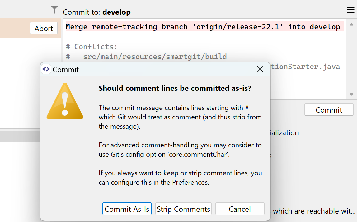 SmartGit 23.1 commit message comment handling with keep or remove options