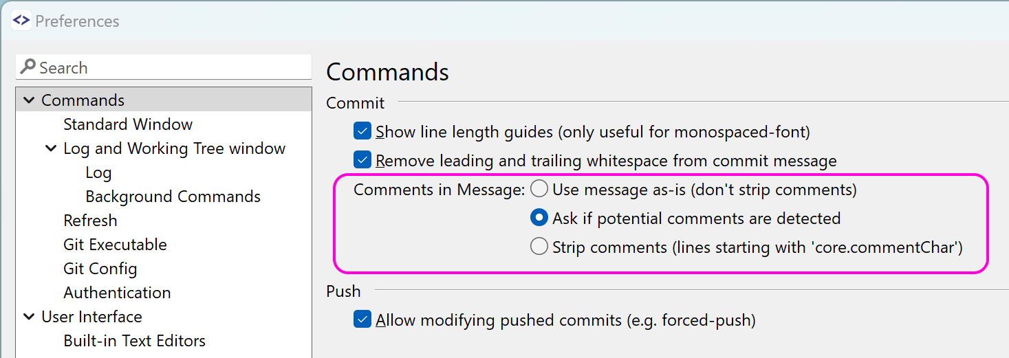 SmartGit 23.1 comment line preferences configuration for consistent commit behavior
