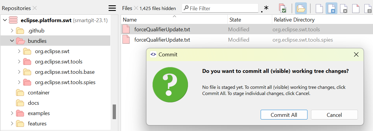 SmartGit 23.1 selective commit functionality for visible files with filtered view support